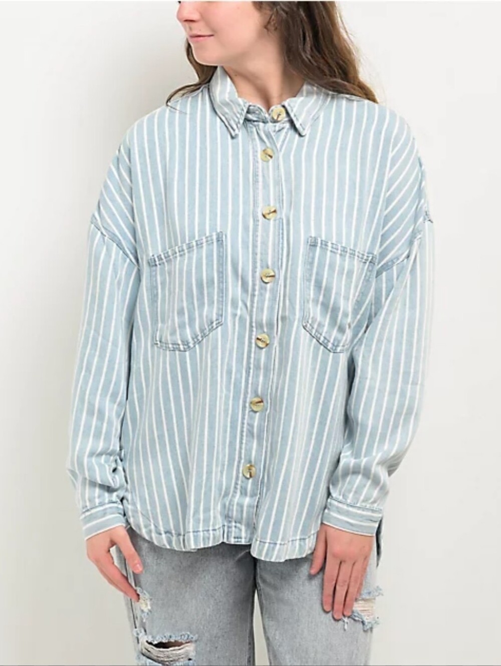 Altar'd State Light Blue & White Striped  Button Down Shirt Size L